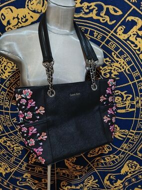 Calvin Klein Black Floral Chain-Handle Tote Bag